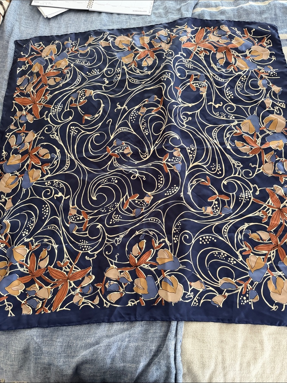 Liberty of London Navy Blue Floral Silk Scarf with Tan and Beige Accents